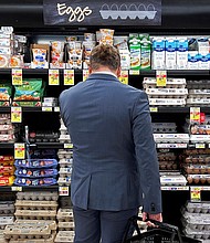 A man looks at eggs displayed at a supermarket in Chicago, Illinois, April 13, 2022. Egg prices spiked by 28.1% in August from 12 months ago, easily the biggest increase out of any food item tracked by the Bureau of Labor Statistics.
Mandatory Credit:	Jim Vondruska/Reuters via CNN Newsource