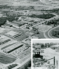 An ariel view of Milford Proving Ground’s road expansion in the 1950’s with an inset image of the original land in the 1920s.