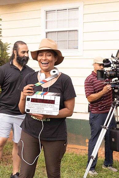 Filmmaker Tamika Lamison on the set of her short film, “Superman Doesn’t Steal,” in Atlanta.