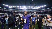 Baltimore Ravens quarterback Lamar Jackson (8) walks off the field Sunday after the team’s win over the
Dallas Cowboys in Arlington, Texas.