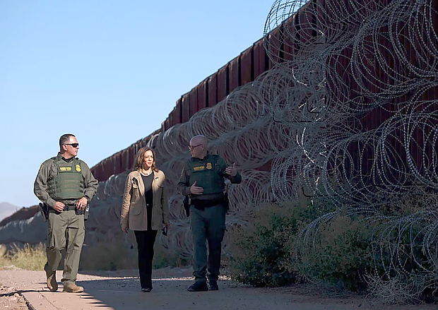 US Vice President and Democratic presidential candidate Kamala Harris visits the US-Mexico border with US Border Patrol Tucson Sector Chief John Modlin, right, in Douglas, Arizona, on September 27, 2024. Rebecca Noble/AFP/Getty Images