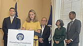 Victoria Cobb, president of the Family Foundation of Virginia, speaks at a press conference announcing a lawsuit to overturn the state’s ban on conversion therapy.