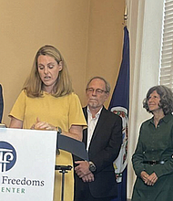 Victoria Cobb, president of the Family Foundation of Virginia, speaks at a press conference announcing a lawsuit to overturn the state’s ban on conversion therapy.