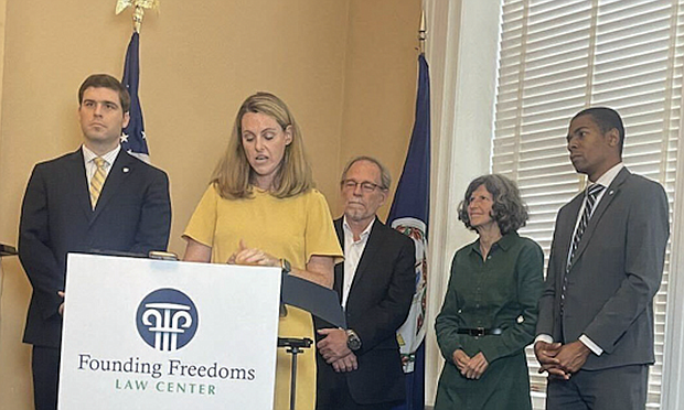 Victoria Cobb, president of the Family Foundation of Virginia, speaks at a press conference announcing a lawsuit to overturn the state’s ban on conversion therapy.