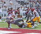 Fullback Jaehlan Joyner (42) dives into the end zone for a touchdown. The Virginia Union Panthers would go on to defeat the Shaw University Bears 42-7.