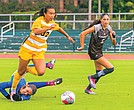 Y-Van Nguyen, left, fights off an opponent’s attempt to slow her pace as VCU extended its unbeaten streak to five games in the 1-1 draw against St. Bonaventure at Sports Backers Stadium.