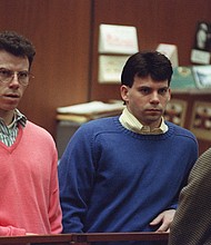 Erik Menendez, left, and his brother Lyle  listen during a pre-trial hearing on December 29, 1992.
Mandatory Credit:	Vince Bucci/AFP/Getty Images via CNN Newsource