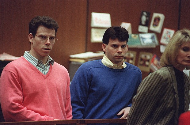 Erik Menendez (L) and his brother Lyle (R) listen during a pre-trial hearing, on December 29, 1992 in Los Angeles. The brothers weren’t happy with a recent Netflix project about their lives, but another title from the streamer is giving them an opportunity to have their say.
Mandatory Credit:	Vince Bucci/AFP/