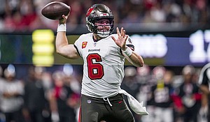 The Buccaneers, led by quarterback Baker Mayfield, are leaving for New Orleans on October 8.
Mandatory Credit:	Danny Karnik/AP via CNN Newsource