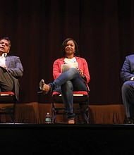 Mayoral candidates Andreas Addison, Dr. Danny Avula, Michelle Mosby, Maurice Neblett and Harrison Roday participate in the Arts & Culture Mayoral Forum hosted by CultureWorks on Tuesday, Oct. 8, at Virginia Repertory Theatre. Chioke I'Anson, director of community media at the Institute for Contemporary Art at Virginia Commonwealth University served as the moderator.