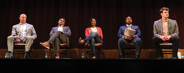 Mayoral candidates Andreas Addison, Dr. Danny Avula, Michelle Mosby, Maurice Neblett and Harrison Roday participate in the Arts & Culture Mayoral Forum hosted by CultureWorks on Tuesday, Oct. 8, at Virginia Repertory Theatre. Chioke I'Anson, director of community media at the Institute for Contemporary Art at Virginia Commonwealth University served as the moderator.