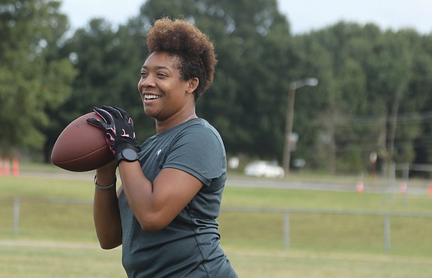 CJ James, owner of the Richmond River City Sting women’s tackle football team at a recent practice. The team is recruiting for the 2025 spring season, with tryouts scheduled for Oct. 19 and 26 from 10 to 11:30 a.m. For more details, visit rivercitysting.com.