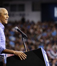 Former President Barack Obama speaks during a campaign event for Democratic presidential nominee and Vice President Kamala Harris in Pittsburgh.
Mandatory Credit:	Quinn Glabicki/Reuters via CNN Newsource