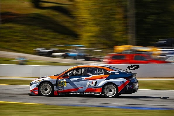 The No. 98 Hyundai Elantra N TCR driven by Mason Filippi and Mark Wilkins is photographed during the Fox Factory 120 at Michelin Raceway Road Atlanta in Braselton, Ga., Oct. 11, 2024. (Photo/Bryan Herta Autosport/LAT)