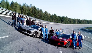 Members of the Corvette team, including General Motors President Mark Reuss on the track in Papenburg, Germany. Preproduction models shown. Actual production model may vary.