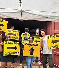 Oakwood Arts JET participants, from left, Ruben Andres, My-Yor Corley, Catori Ryan (OA Intern), Kayla Davis,
Teairrah Green and Isaac Martin (OA intern) attend a training session hosted by Isaac Regelson of IATSE Local 487 (center).