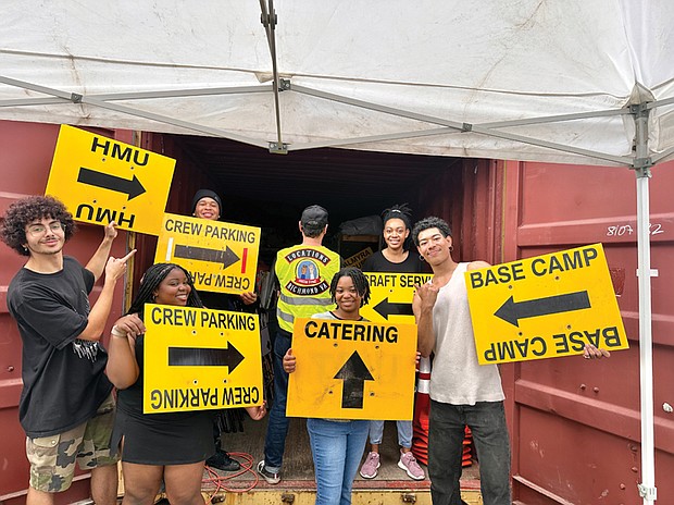 Oakwood Arts JET participants, from left, Ruben Andres, My-Yor Corley, Catori Ryan (OA Intern), Kayla Davis,
Teairrah Green and Isaac Martin (OA intern) attend a training session hosted by Isaac Regelson of IATSE Local 487 (center).