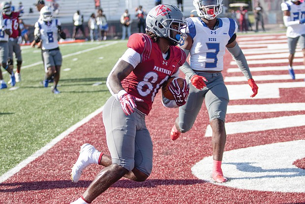 Virginia Union University tight end Kalen Carver (#80) hauls in his first touchdown of the day during the Panthers’ 35-0 victory over Elizabeth City State at Hovey Stadium. Carver’s two touchdown catches helped lead to its second consecutive shutout over the Vikings.
