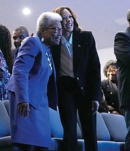 Democratic presidential nominee Vice President Kamala Harris, right, hugs former Rep. Eva Clayton of North Carolina during a church service Oct. 13 at Koinonia Christian Center in Greenville, N.C.