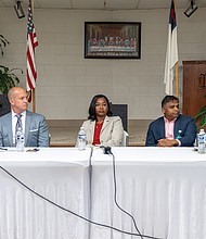 Mayoral candidates Harrison Roday, Andreas Addison, Michelle Mosby, Danny Avula and Maurice Neblett
participate in a forum held Tuesday at Mount Calvary Baptist Church and hosted by the Greater Fulton Civic
Association and the League of Women Voters of Richmond Metro Area. The candidates addressed issues
such as education funding, affordable housing and revitalizing the Greater Fulton area.