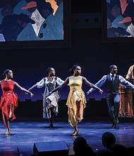 Members of Step Afrika! perform “The Migration,” a dance production inspired by Jacob Lawrence’s artwork tht blends stepping traditions with contemporary choreography.