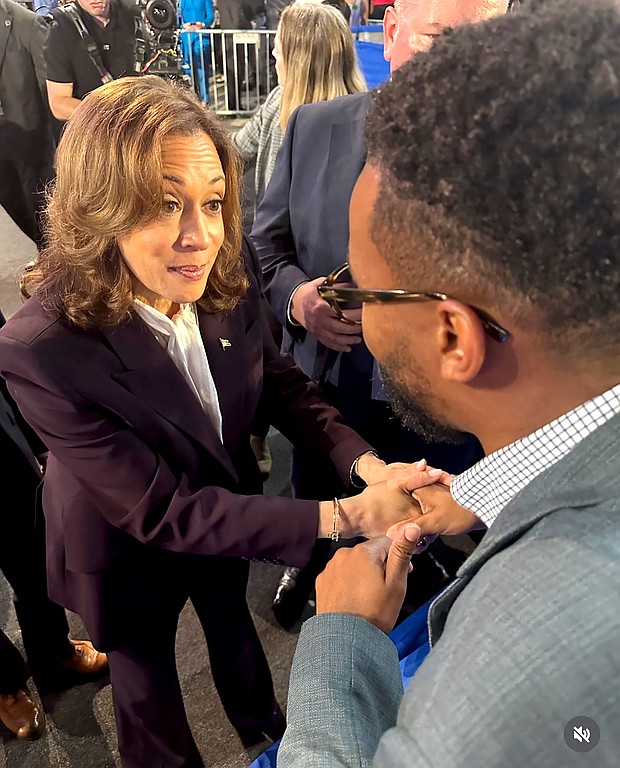 Kamala Harris speaking with Dexter McCoy