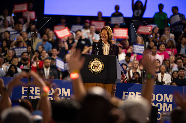Kamala Harris at the podium at Shell Stadium for her Houston Mega Rally.