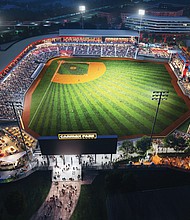 A rendering of an aerial view of CarMax Park, the future home of the Richmond Flying Squirrels.