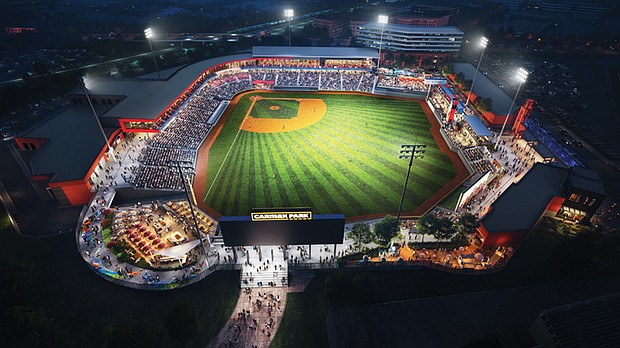 A rendering of an aerial view of CarMax Park, the future home of the Richmond Flying Squirrels.