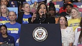 Democratic presidential nominee Vice President Kamala Harris speaks at a campaign rally Wednesday, Oct.
30, in Raleigh, N.C.