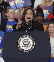 Democratic presidential nominee Vice President Kamala Harris speaks at a campaign rally Wednesday, Oct.
30, in Raleigh, N.C.