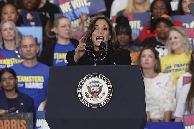 Democratic presidential nominee Vice President Kamala Harris speaks at a campaign rally Wednesday, Oct.
30, in Raleigh, N.C.