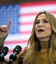 Jennifer Lopez speaks during a campaign rally for Vice President Kamala Harris at the Craig Ranch Amphitheater in Las Vegas, Nevada, on Thursday, October 31.
Mandatory Credit:	Brendan Smialowski/AFP/ Getty Images via CNN Newsource