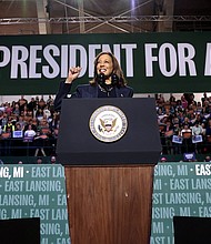 Vice President Kamala Harris speaks during a campaign rally in East Lansing, Michigan, on November 3. Harris on November 4 declined to say how she voted on Proposition 36, a California ballot initiative that would allow for increased sentencing for people convicted of retail theft or drug crimes.
Mandatory Credit:	Jeff Kowalsky/AFP/Getty Images via CNN Newsource