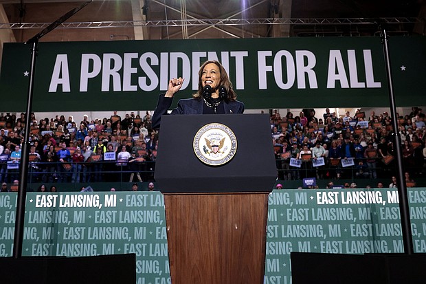 Vice President Kamala Harris speaks during a campaign rally in East Lansing, Michigan, on November 3. Harris on November 4 declined to say how she voted on Proposition 36, a California ballot initiative that would allow for increased sentencing for people convicted of retail theft or drug crimes.
Mandatory Credit:	Jeff Kowalsky/AFP/Getty Images via CNN Newsource