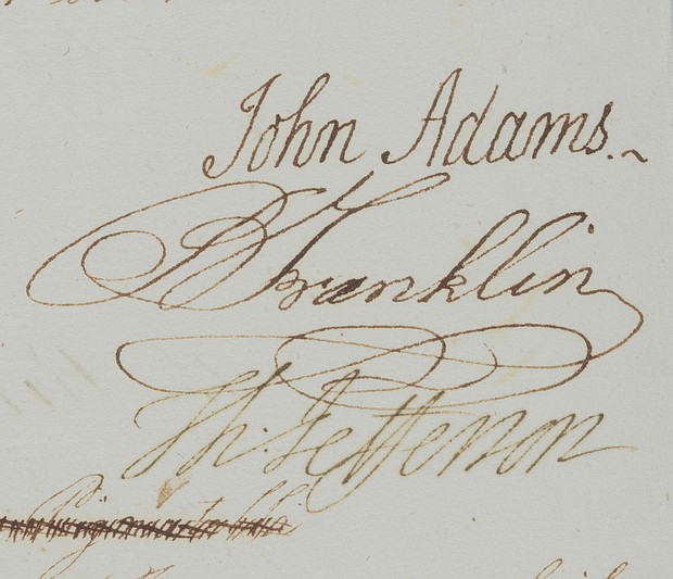 The signatures of John Adams, Benjamin Franklin and Thomas Jefferson as seen on the letter.
Mandatory Credit:	Courtesy Bonhams via CNN Newsource