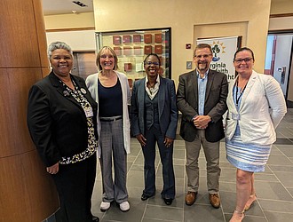 From left, forum participants, Virginia Interfaith Power and Light Director Faith Harris, Ann Jurczyk, Virginia Urban Restoration Manager for the Chesapeake Bay Foundation; Melanie Harris, professor of Black Feminist Thought and Womanist Theology from Wake Forest University; Norman Wirzba, professor of Christian theology and ecology at Duke University; and Hannah Garrity from Second Presbyterian Church of Richmond.