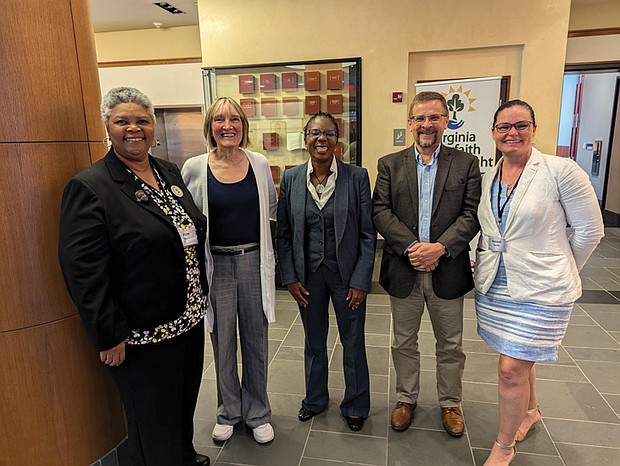 From left, forum participants, Virginia Interfaith Power and Light Director Faith Harris, Ann Jurczyk, Virginia Urban Restoration Manager for the Chesapeake Bay Foundation; Melanie Harris, professor of Black Feminist Thought and Womanist Theology from Wake Forest University; Norman Wirzba, professor of Christian theology and ecology at Duke University; and Hannah Garrity from Second Presbyterian Church of Richmond.
