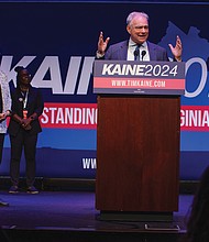 Democratic incumbent Tim Kaine addresses supporters at his election night watch party at the Hippodrome in Richmond after winning his third term in the U.S. Senate. Kaine defeated Republican challenger Hung Cao with 54.1% of the vote.