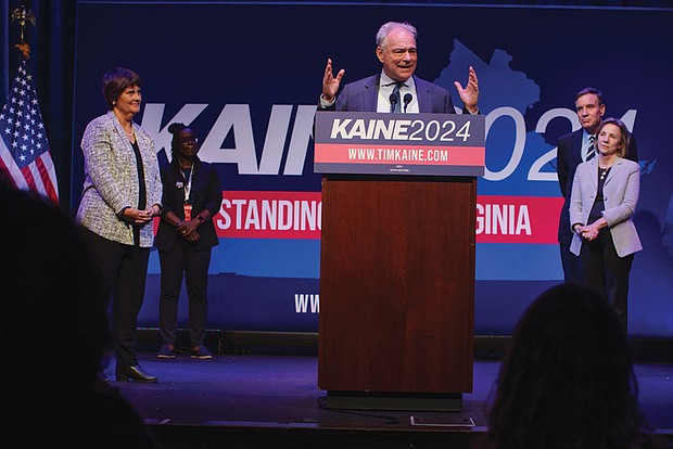 Democratic incumbent Tim Kaine addresses supporters at his election night watch party at the Hippodrome in Richmond after winning his third term in the U.S. Senate. Kaine defeated Republican challenger Hung Cao with 54.1% of the vote.