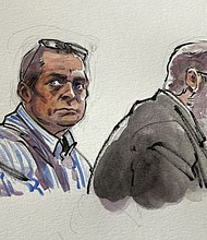 In this courtroom sketch, Richard Allen, left, is seated next to one of his defense attorneys, Andrew Baldwin, inside a courtroom at the Carroll County Courthouse in Delphi, Indiana on Saturday, Nov. 2, 2024.
Mandatory Credit:	Li Buszka/Pool/AP via CNN Newsource