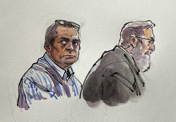 In this courtroom sketch, Richard Allen, left, is seated next to one of his defense attorneys, Andrew Baldwin, inside a courtroom at the Carroll County Courthouse in Delphi, Indiana on Saturday, Nov. 2, 2024.
Mandatory Credit:	Li Buszka/Pool/AP via CNN Newsource