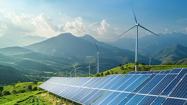 Discover the potential of renewable energy technologies, such as solar and wind power, in addressing climate change and reducing reliance on fossil fuels. realistic --ar 16:9 --style raw Job ID: 593d59d4-d993-42f2-b026-278f8e8ed130