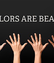 Hands of different people and text ALL COLORS ARE BEAUTIFUL on dark background. Stop racism