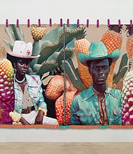 Artist April Bey’s “Remember That One Summer You Fell Down a Blue Hole and That Whale Asked You About Queer Pineapples?” (2024) exhibited in “The Shape of Water” at the Visual Arts Center.