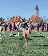 Maroon Elegance, Virginia Union University’s majorettes, bring energy and excitement to the field during halftime at the homecoming game as the school’s Ambassadors of Sound marching band plays on.