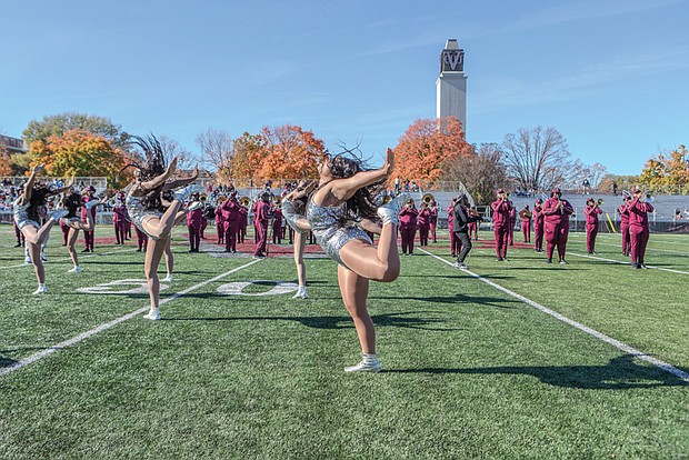 Maroon Elegance, Virginia Union University’s majorettes, bring energy and excitement to the field during halftime at the homecoming game as the school’s Ambassadors of Sound marching band plays on.