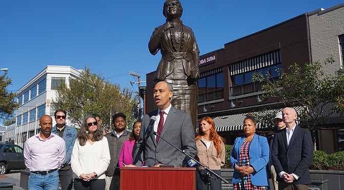 Jerrauld C. “Jay” Jones announces his campaign for Virginia attorney general on Tuesday afternoon at the Maggie L. Walker Memorial Plaza.