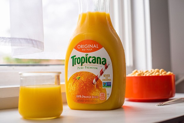Tropicana's old carafe bottle design is pictured here.
Mandatory Credit:	Tiffany Hagler-Geard/Bloomberg/Getty Images via CNN Newsource