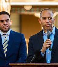 Rep. Gabe Vasquez watches as Jeffries speaks during a news conference in Albuquerque, New Mexico, on October 3.
Mandatory Credit:	Anna Padilla/Bloomberg/Getty Images via CNN Newsource